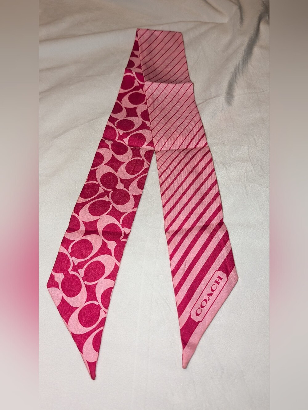 COACH Patterned Silk Skinny Scarf Pink VGC